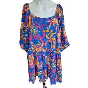 Terra & Sky Tunic Top Size 3X Blue Yellow Floral Design Babydoll Tiered Bohemian